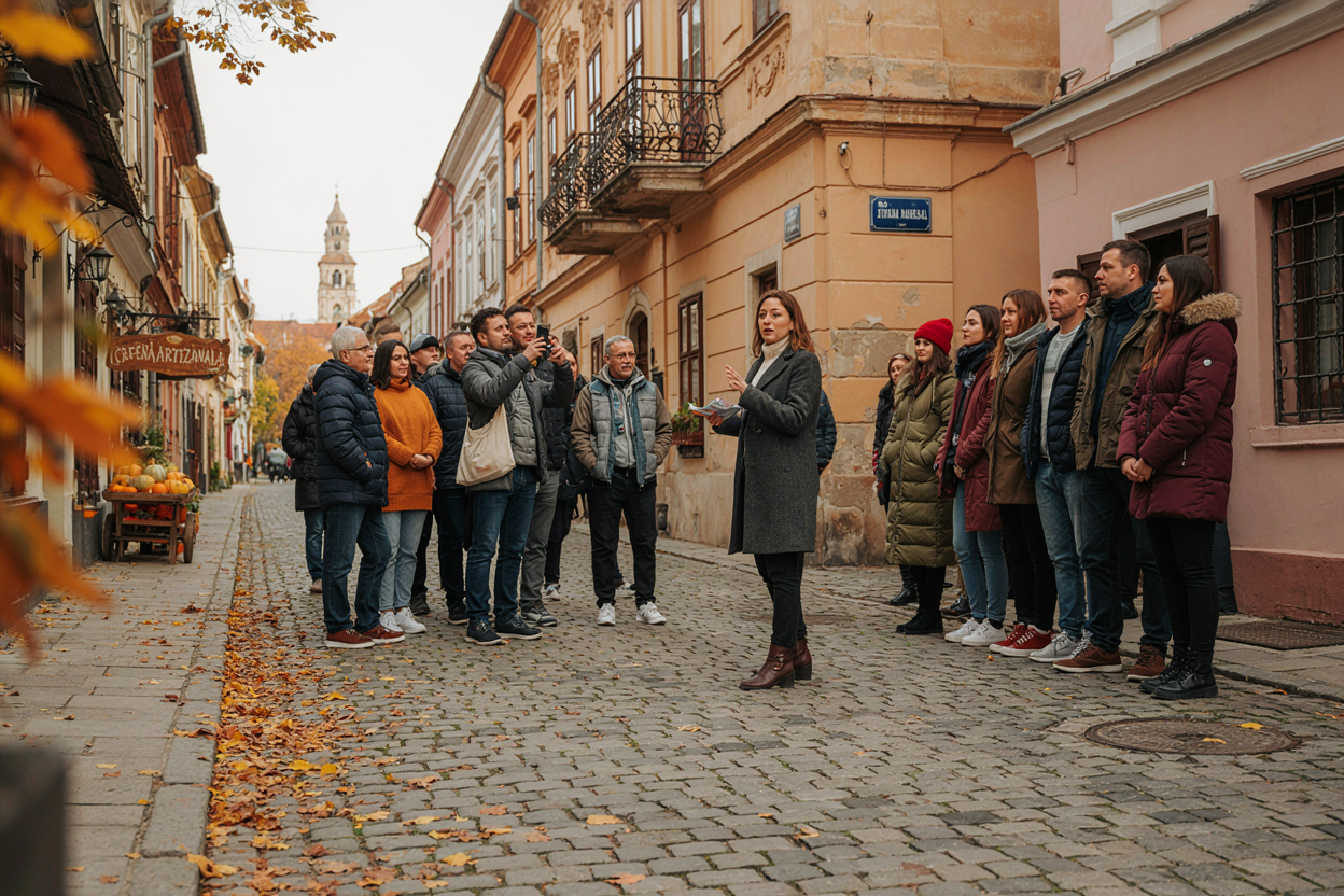 tururi ghidate gratuite – grup mic de oameni ascultă un ghid pe o stradă pietonală
